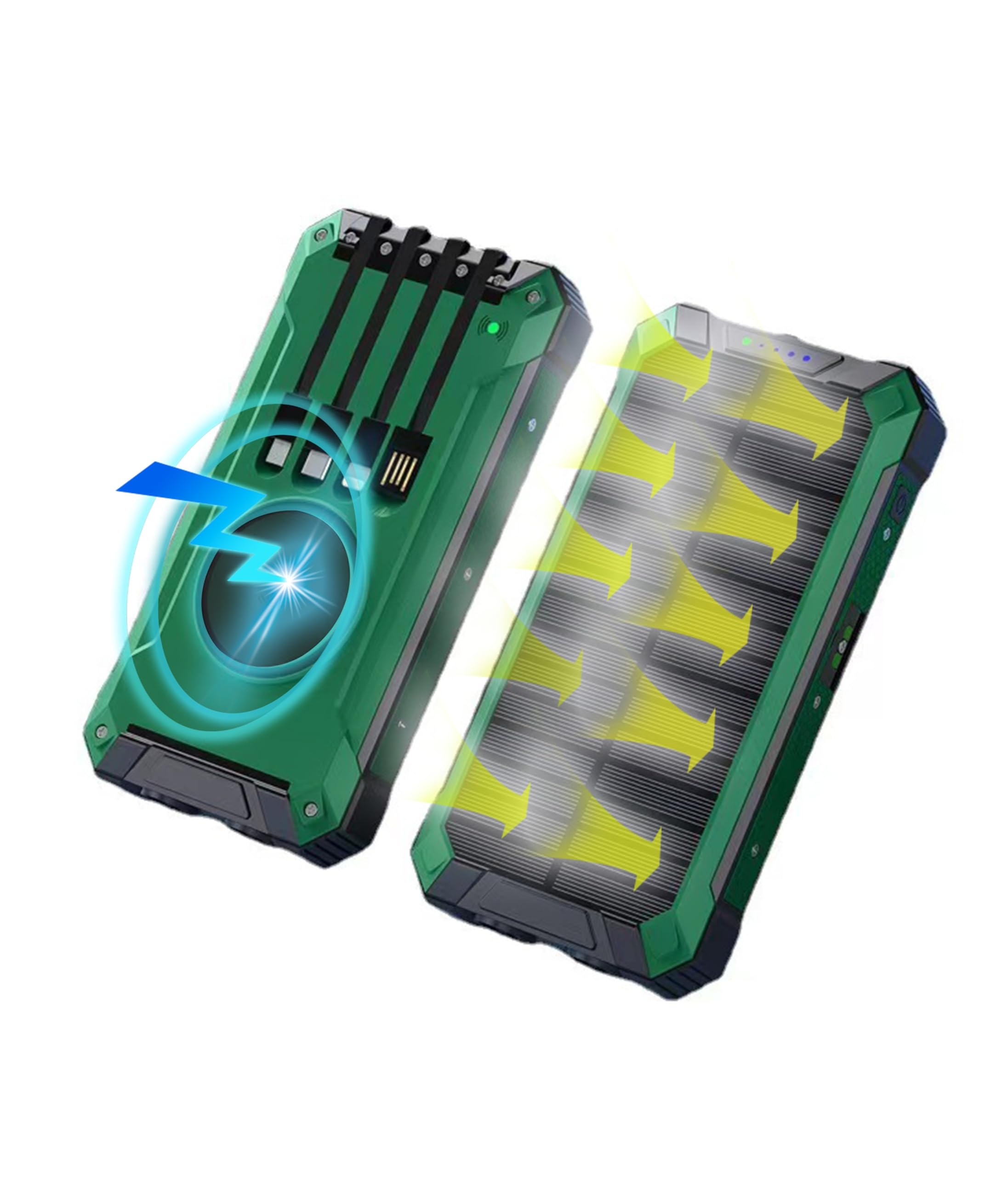 SORITE Solar Charger Solar Power Bank Portable External Battery Backup Fast Wireless Real Rated 10000 mAh 4 USB Built-in Cables LED Flashlights and Carabiner for iPhone Android (Green/Black)