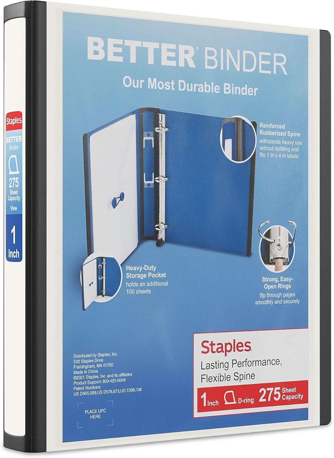 Staples Better Binder, 1" Heavy‑Duty D‑Ring 3‑Ring Binder, White, Reinforced Spine, 275‑Sheet Capacity, Durable Binder for Reports, Classes & Office Use, 3‑Pack