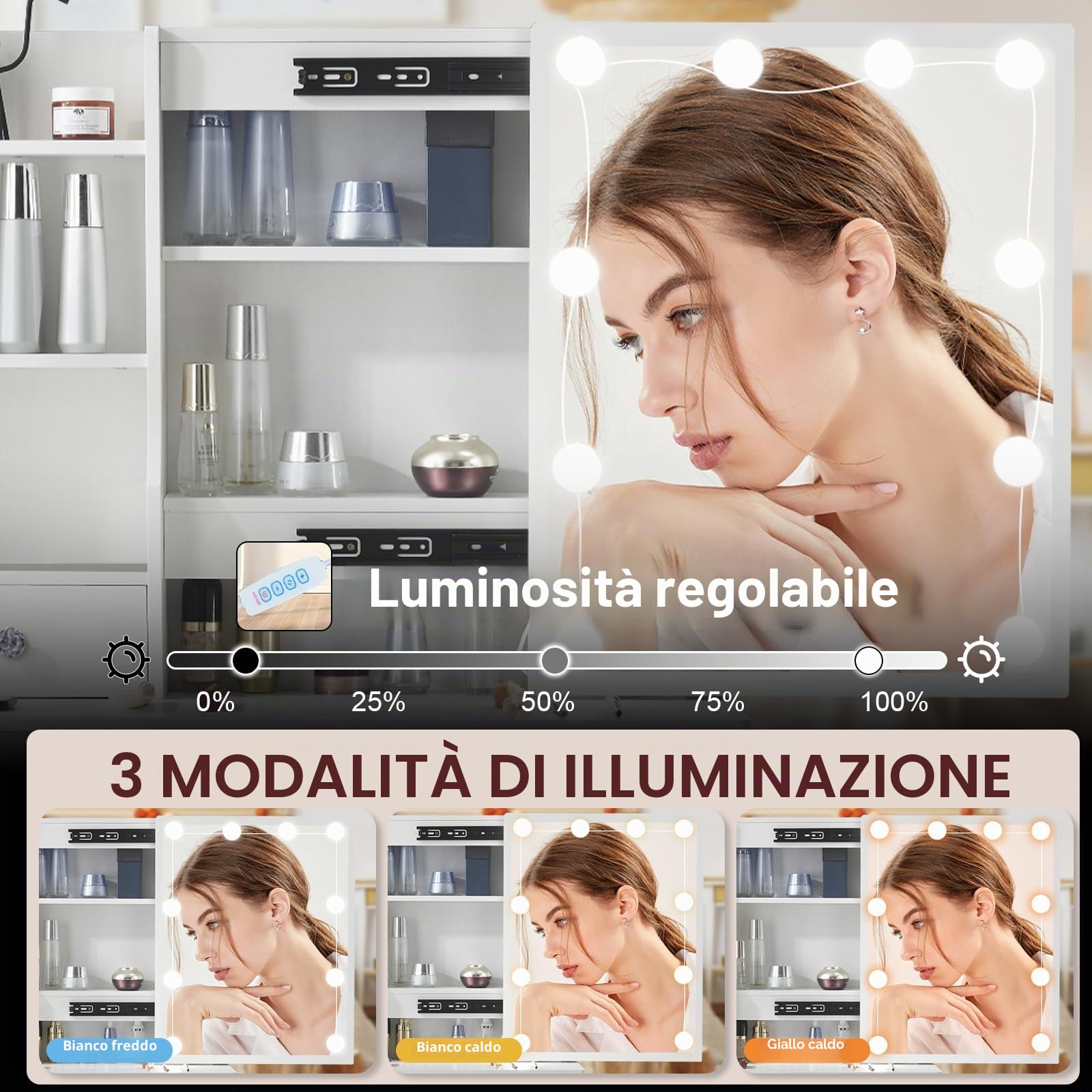 Tavolo da toeletta con illuminazione a LED e specchio, tavolo da condimento, vanity desk per make up, 3 colori con luminosità regolabile - 39