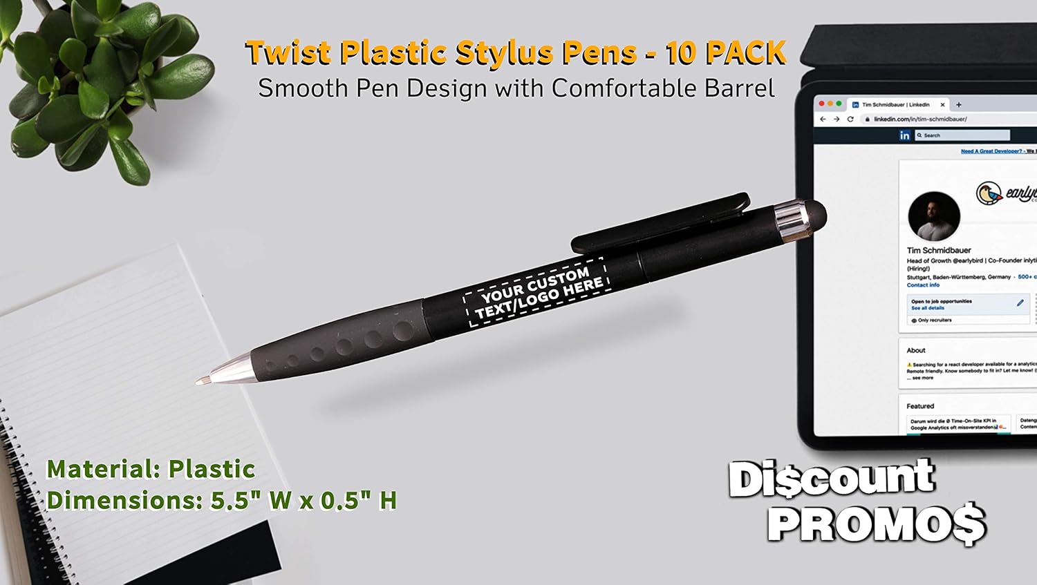 DISCOUNT PROMOS Personalized Twist Plastic Stylus Pens - 10 pack - Plastic Pens - Customizable Text, Logo - Black
