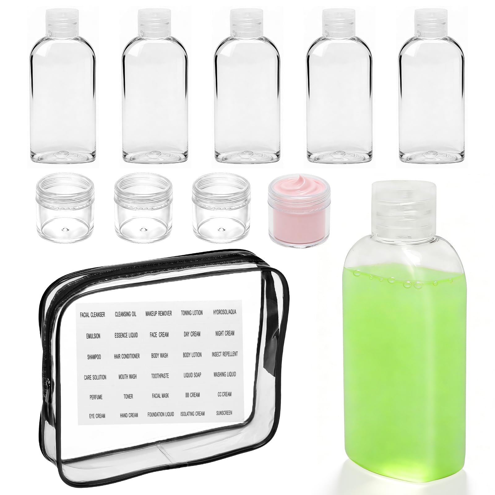 Flacons de voyage 100ml lot de 6 avec pots cosmétiques et trousse