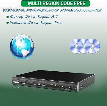 Blu Ray DVD Player, WISCENT Full HD 1080p Home Theater Disc System, Region A/1 Blu-Rays,HD Blu-Ray DVD Player for TV with Coaxial Audio/HDMI/AV/Output, USB Input, Built-in PAL NTSC