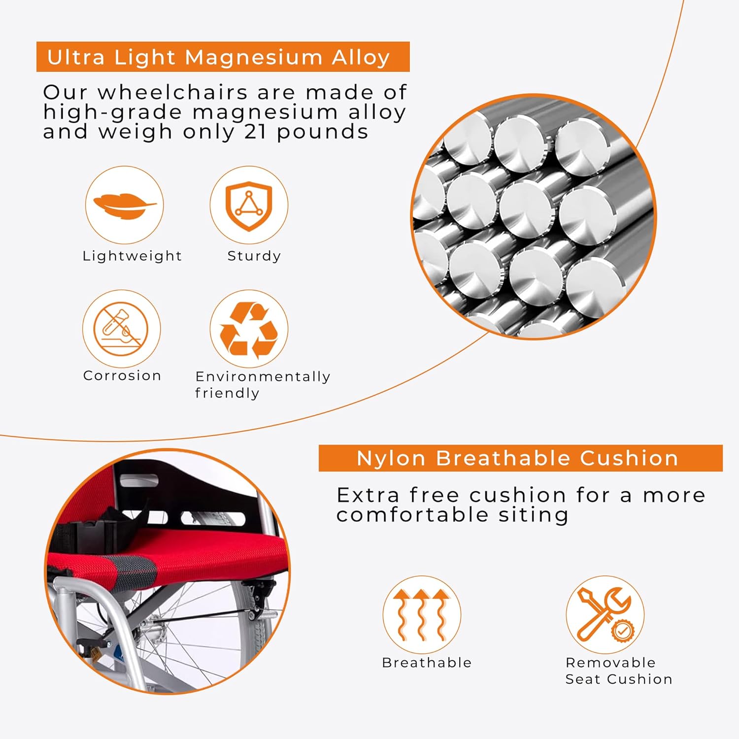 SUMELL Magnesium Lightweight Wheelchair - FSA HSA Eligible 21lbs Self propelled Chair with Travel Bag and Cushion, Portable and Folding 17.5” W Seat, Park & Brake Anti Tipper, Ultra Light, Redgray