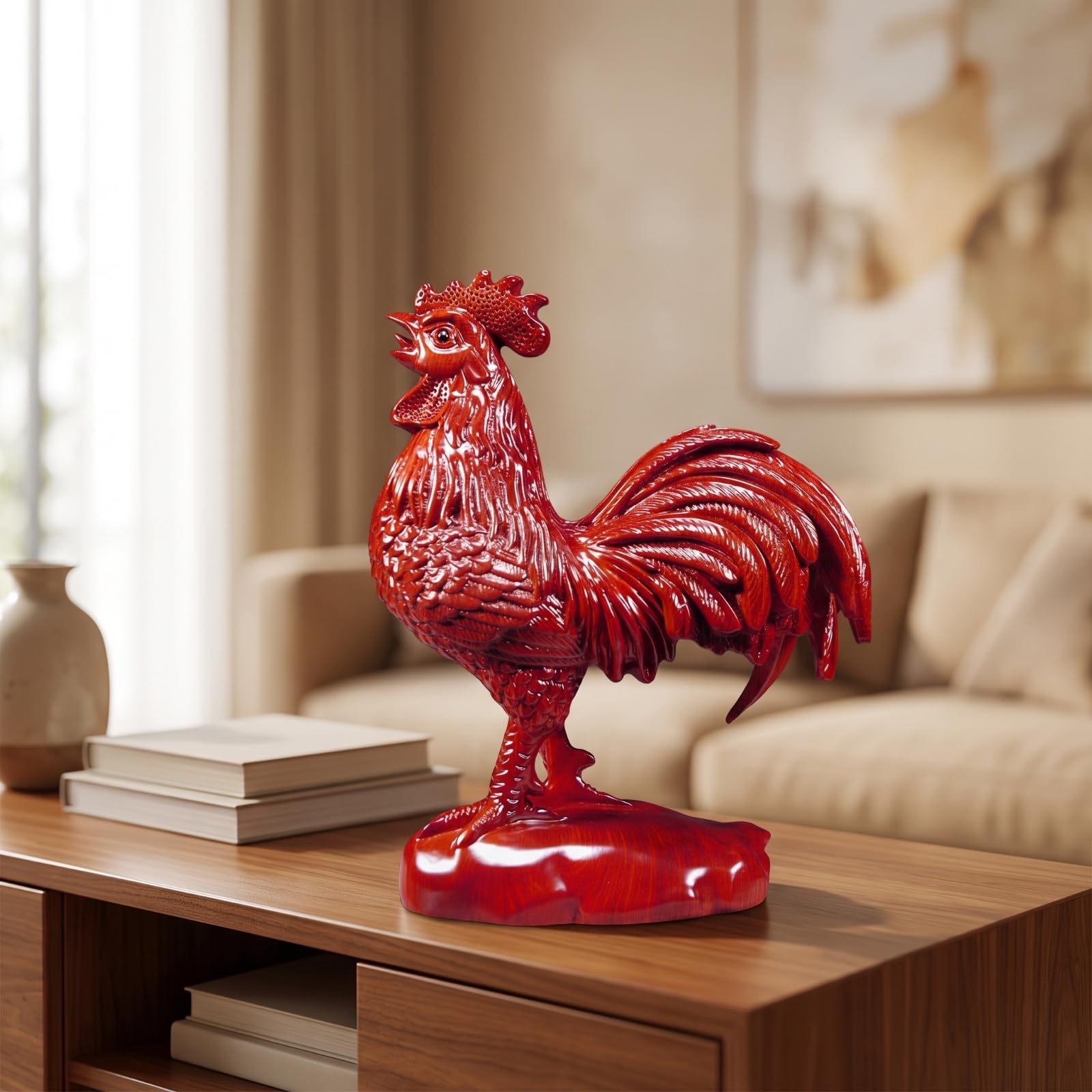 Baoblaze Coq en Palissandre Robuste | Finition e, Statute Coq, Artisanal, pr Salon, Entrée, Collectionneurs, Rouge, 28CM