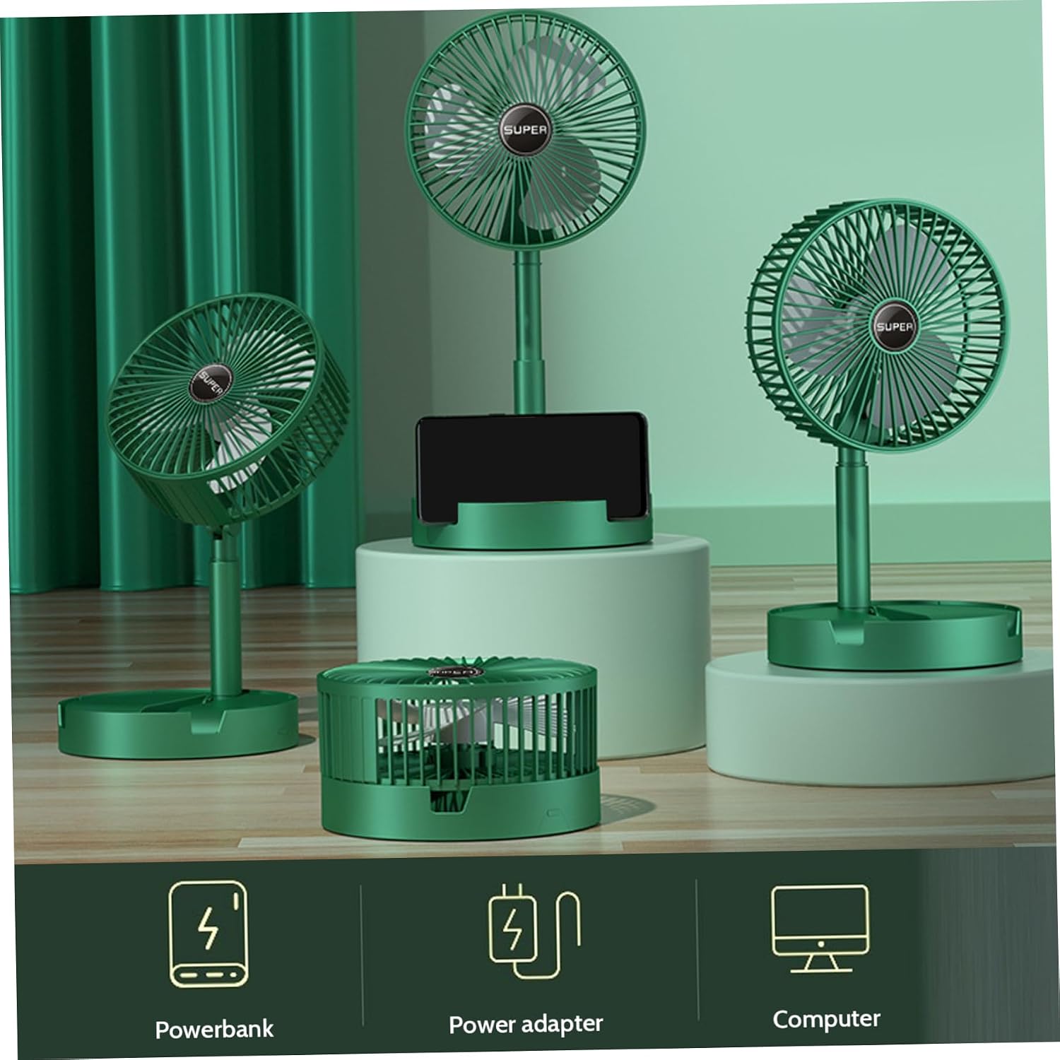 Desktop Fan Table Fan 3 Speeds Desk 180° Tilt Adjustable Desktop 14'' Tall Low Noise Stand Up USB Charging Long Lasting Foldable Fans for Bedroom, Office