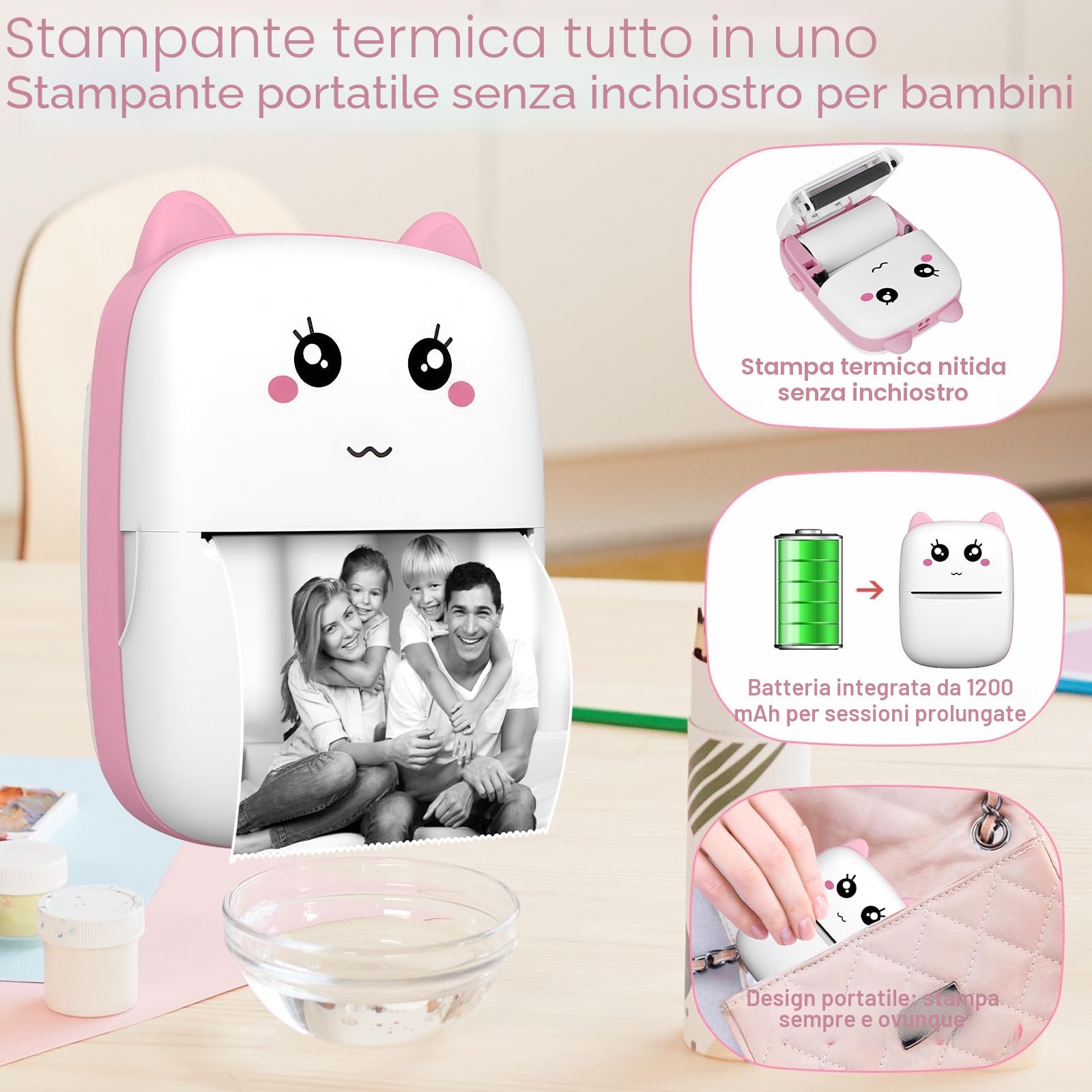 Mini Stampante Termica Portatile Bluetooth Senza Inchiostro per Smartphone, Stampa Foto, Etichette, Adesivi, Idea Regalo DIY (rosa)