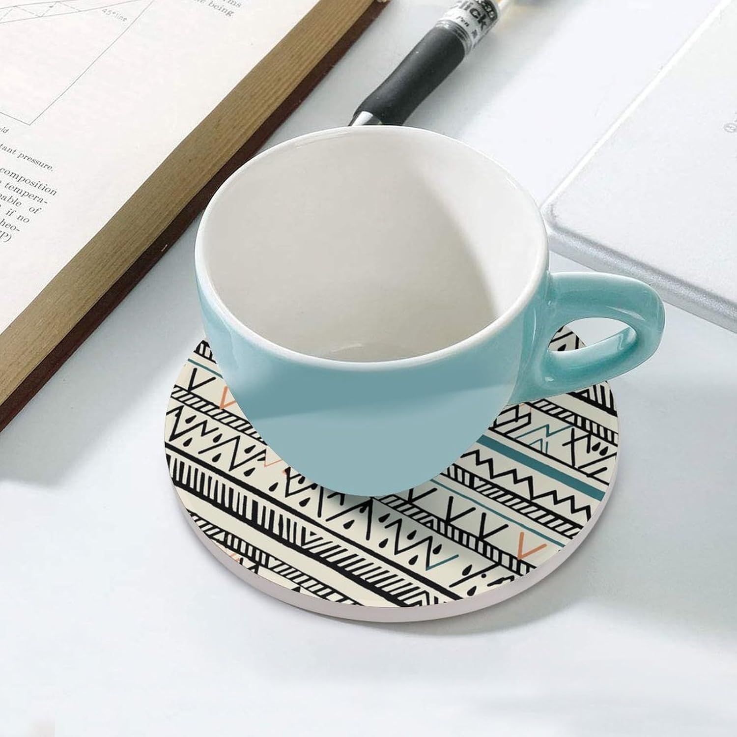 6PCS Boho Triangle Stripes Coasters Non-Slip Round Drink Coasters with Ceramic Stone and Cork Base, Heat Resistant Absorbent 33.00Stone Coaster Set for Kinds of Mugs and Cups, 4 Inch