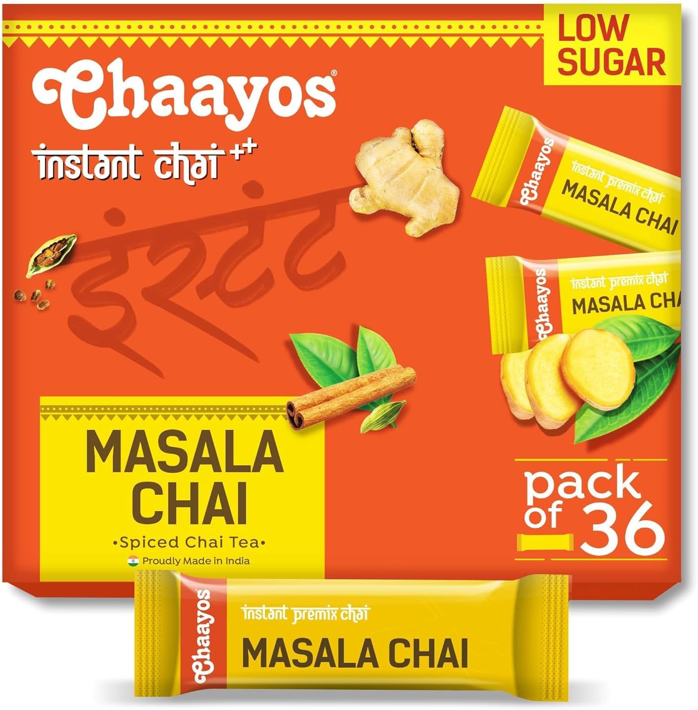 Chaayos Instant Tea Premix - Masala Chai Flavour - Low Sugar (36 Sachets, 288 Gram) | Assam Tea | Flavored Masala Mix