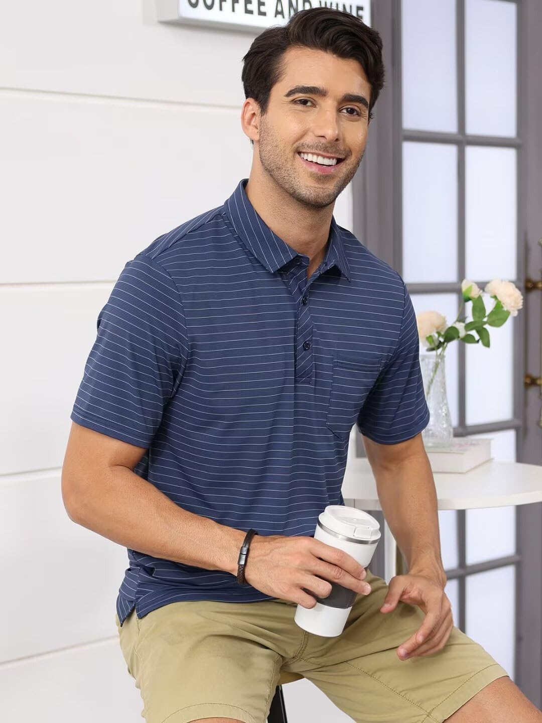 Pdbokew Men's Polo Shirts Short Sleeve Striped Golf Polo Shirt with Pocket Large Blue image 2 of 6 B0CS6LXBQ9