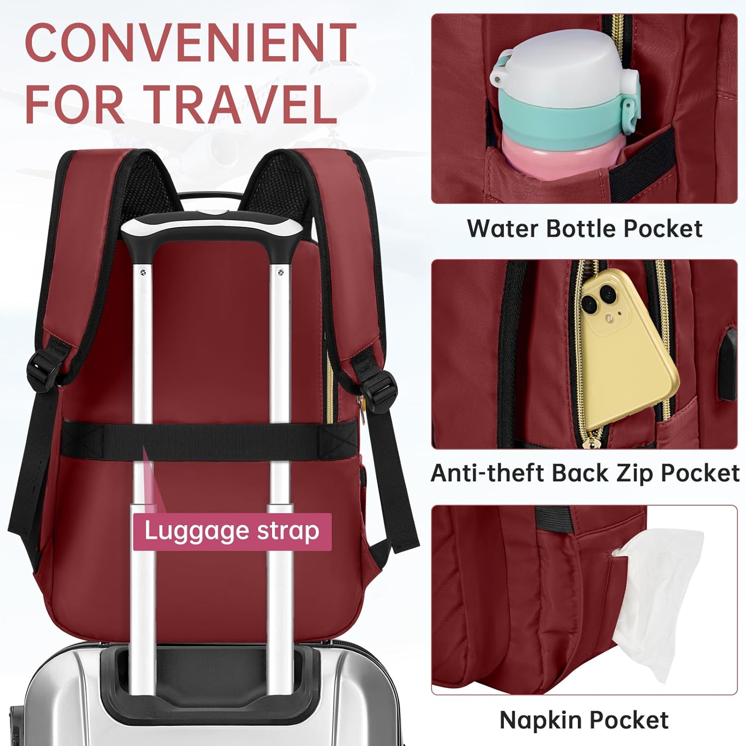 Laptop Backpack for Women, 15.6 Inch Work Business Backpacks, Large Capacity Travel Backpack with USB Charging Port, School Backpack Work Backpack for Nurse Teacher, Red