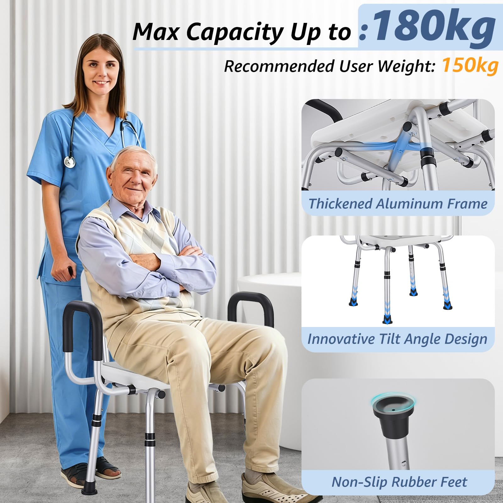 Silla de ducha para ancianos, taburete de ducha resistente con 2 ajustes de brazos extra anchos y respaldo, asiento de ducha bariátrico de seguridad antideslizante de 330 libras, altura