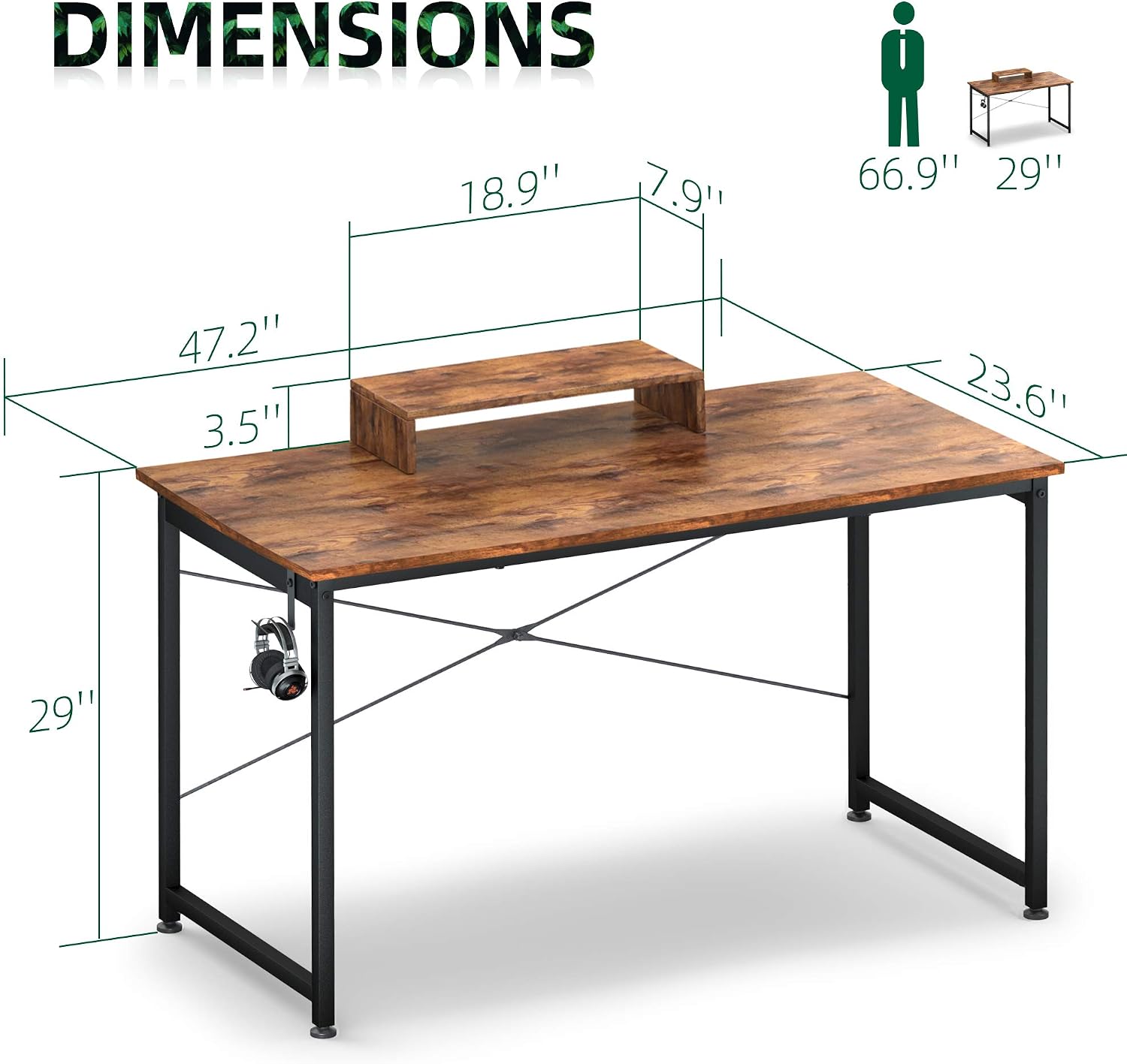 OTK Computer Desk 47" with Movable Monitor Shelf Riser, Sturdy Home Office Desk, Writing Desk, Gaming Desk with Headphone Hook, Computer Work Station, Work Table, Vintage