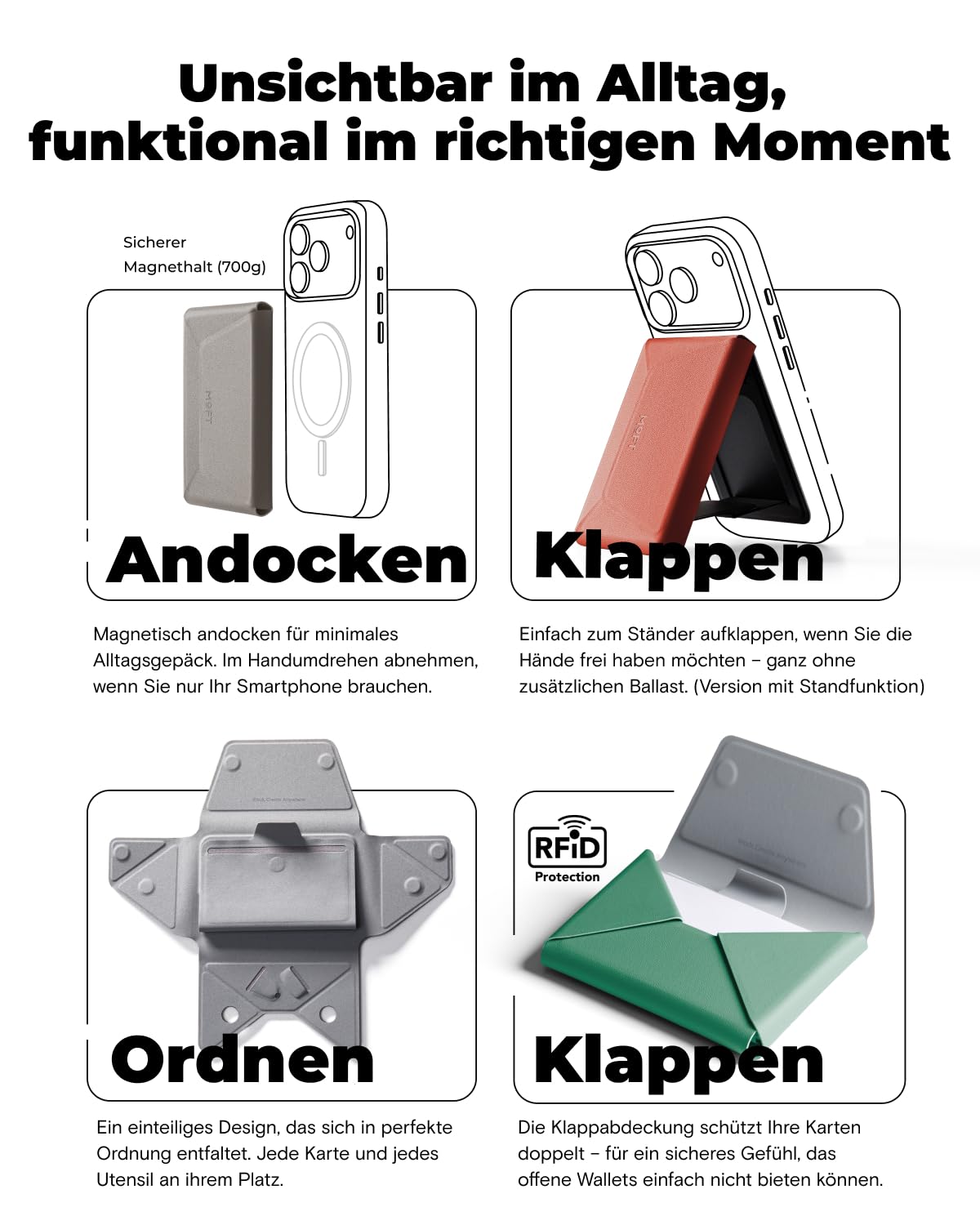 MOFT Magnetische Wallet, 8 Kartenhalter, Magnetischer Handyständer mit Zug-zum-Zugriff-Design, RFID-Blockierung, Winkelverstellung & MOVAS Minimalist Snap Field Wallet für Reiseutensilien，Tiefschwarz