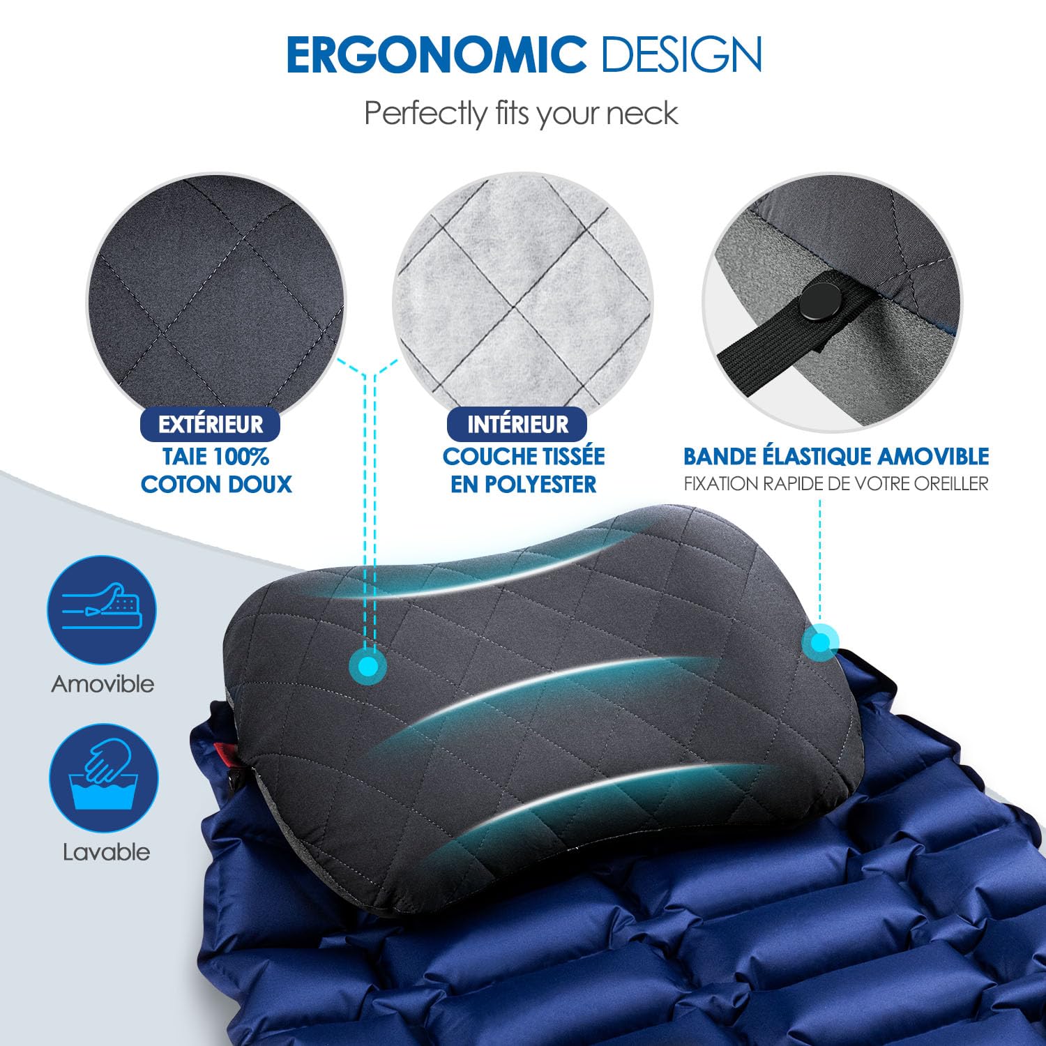 HIKENTURE Pack Camping : R-Value 6,2 Matelas de Camping Gonflable 198cm + Oreiller Gonflable Voyage Gris Taie Amovible - Ultra Léger et Compact pour Trekking, Randonnée et Bivouac