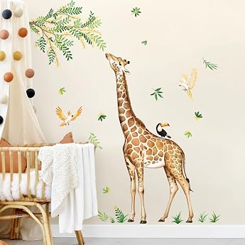 Tanlaby Wall Sticker Jungle Animals Giraffe Wall Sticker Safari Forest Animals Tropical Leaves Wall Sticker for Childrens Room Baby Room Boys Girls Room Bedroom Wall Decoration