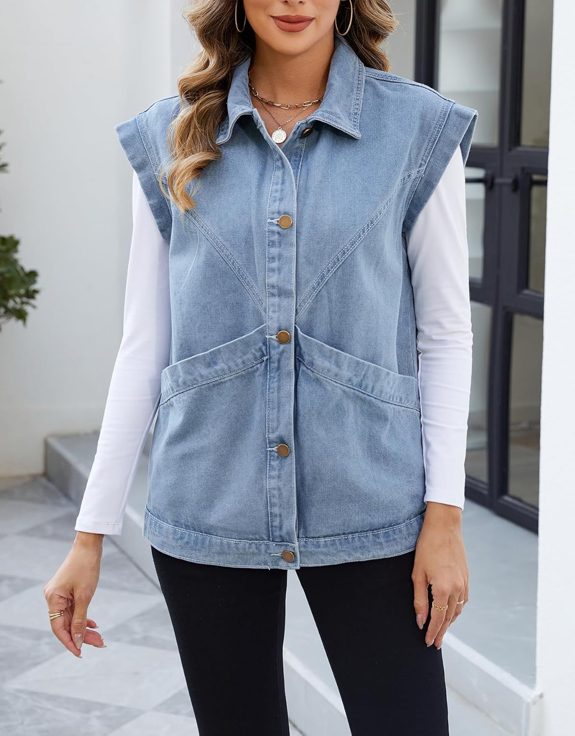 Ladyful Womens Oversized Denim Vest Long Jean Vest Top Utility Button Down Sleeveless Jean Jacket with Pockets - Image 3