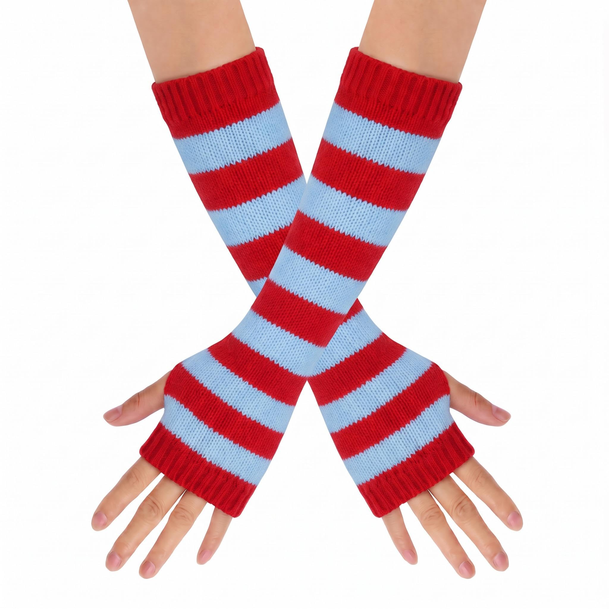 Leryavow Striped Punk Gothic Rock Long Arm Warmer Fingerless Gloves K Red Blue