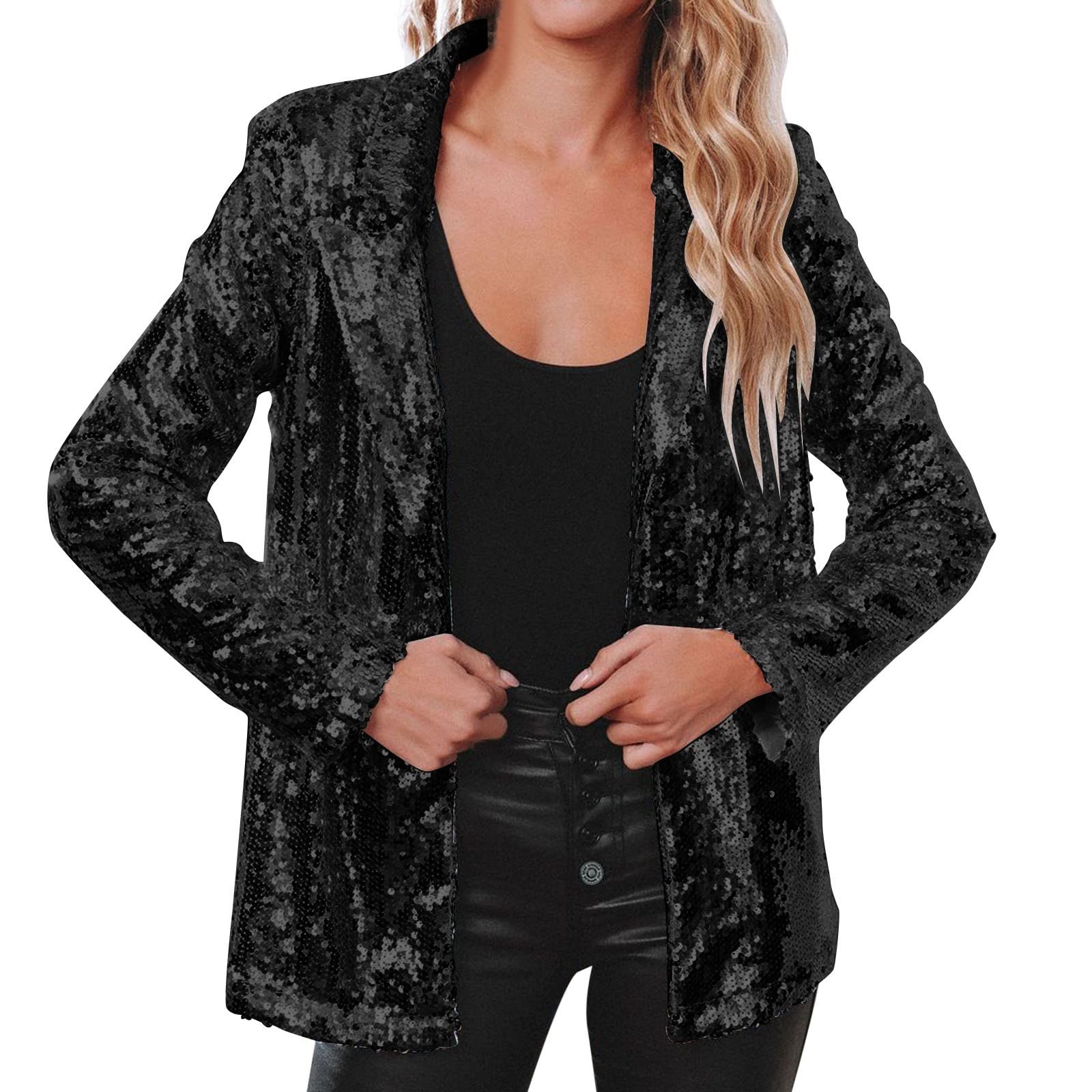 Parkle Veste de costume à paillettes pour femme - Veste ouverte sur le devant - Veste à paillettes - Col châle - Cardigan - Veste à paillettes - Veste disco des années 90 - Streetwear - Pour