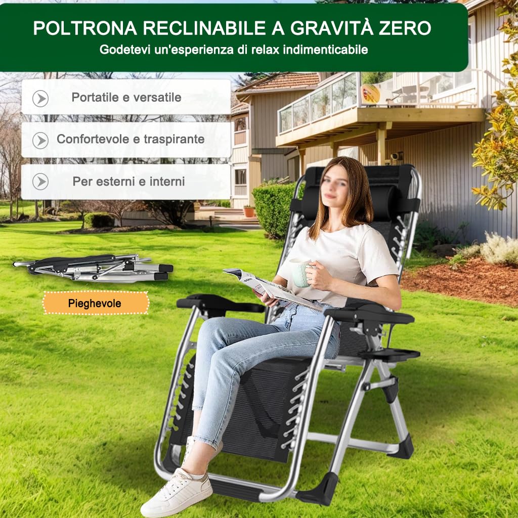Sdraio da Giardino, Sedia Sdraio da Esterno Interno Lettini Pieghevole Sdraio Gravita Zero con Portabicchieri per Patio, Terrazzo, Spiaggia, Piscina (A-Cuscino nero, Set di 1)
