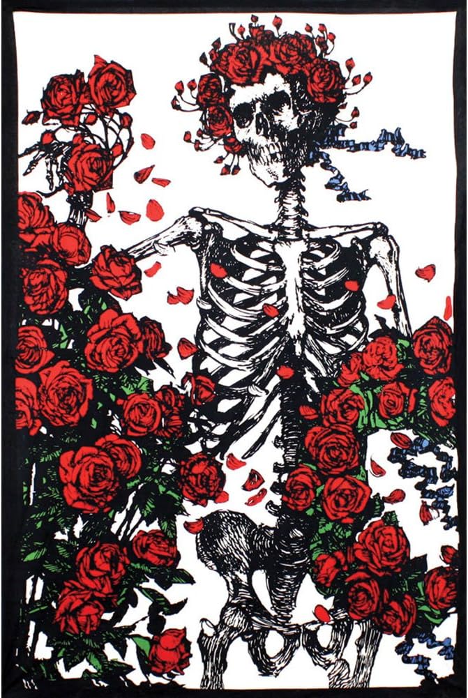 Sunshine Joy Grateful Dead 3D Bertha Skeleton and Roses Tapestry Wall Art Beach Sheet Huge 60x90 Inches - Amazing 3D Effects