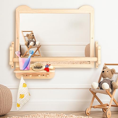 Miniatura 8 de Espejo Montessori con barra Espejo de barra de dominadas de bebé con marco de madera natural, altura ajustable, espejo de pared seguro para estar