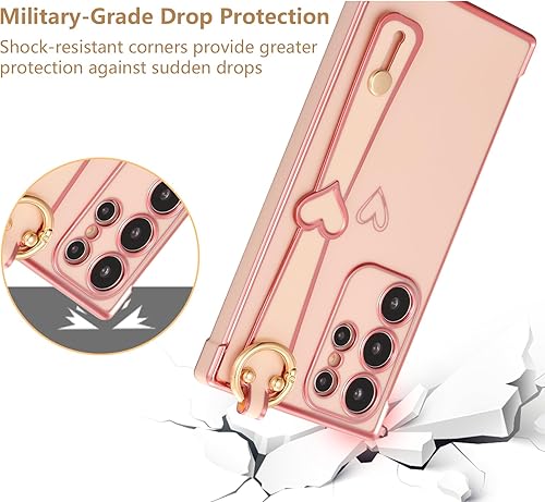 Vista 153 de ZTOFERA Funda para Samsung Galaxy S22 Plus 5G con correa para la muñeca, bonito borde chapado de lujo, patrón de corazones de amor para niñas y Azul