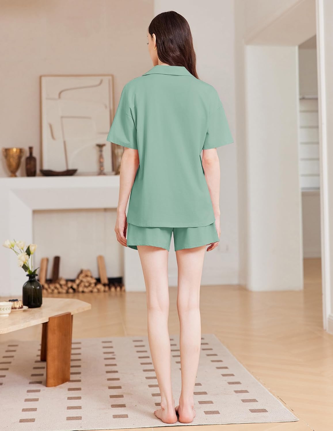 Ekouaer Womens Pajama Sets 2 Piece Cotton Pjs Button Down Sleepwear Short Sleeve Lounge Set with Pockets - Image 5