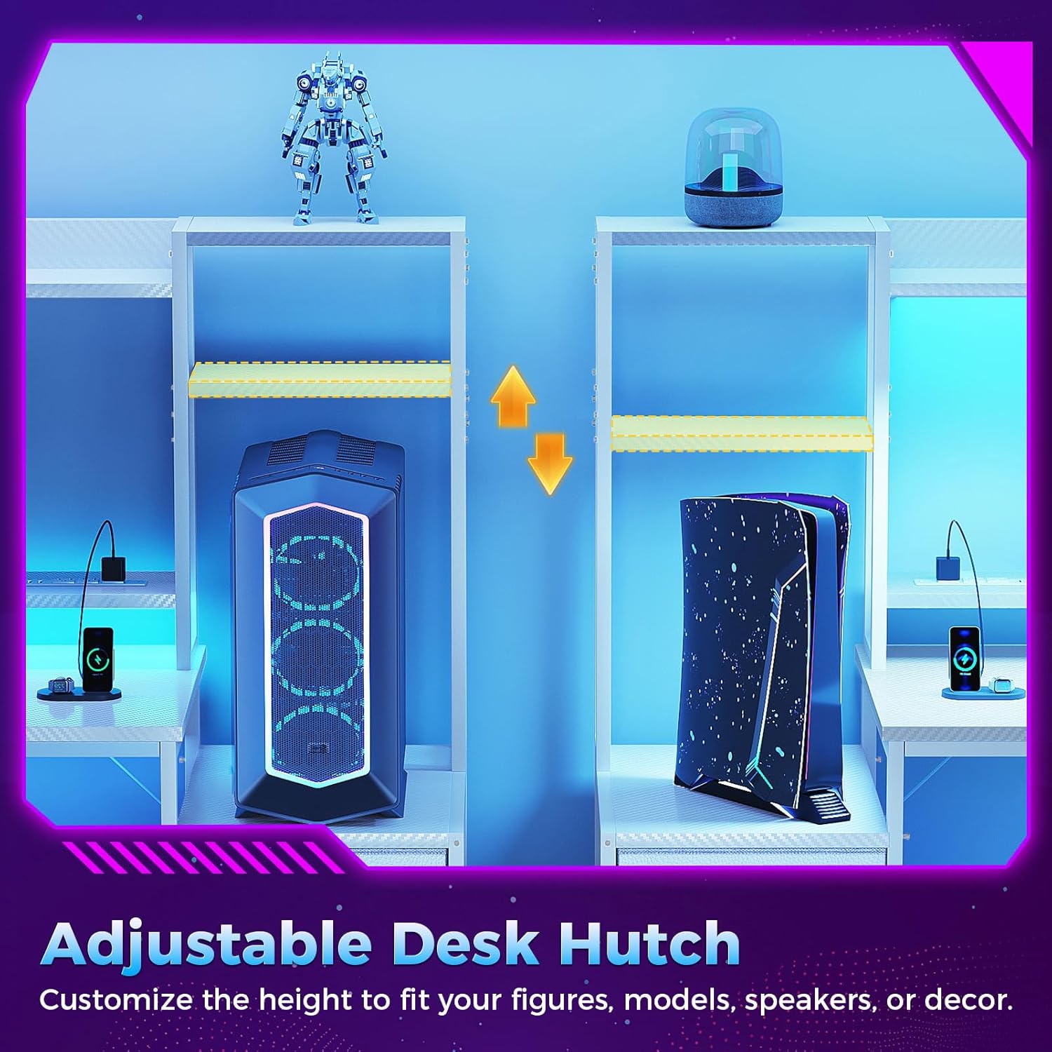 Diagram showing adjustable desk hutch shelves