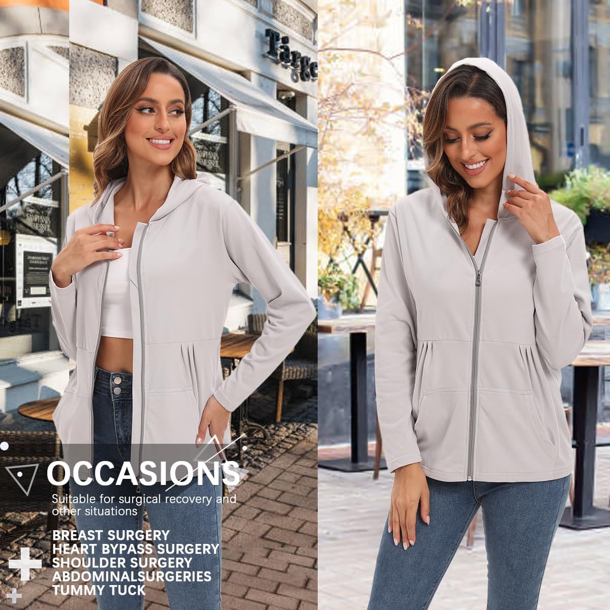 Post Mastectomy Shirts with Drain Pockets Breast Mastectomy Recovery Must Haves Soft Long Sleeve Zip Up Shirts Clothing - Image 2