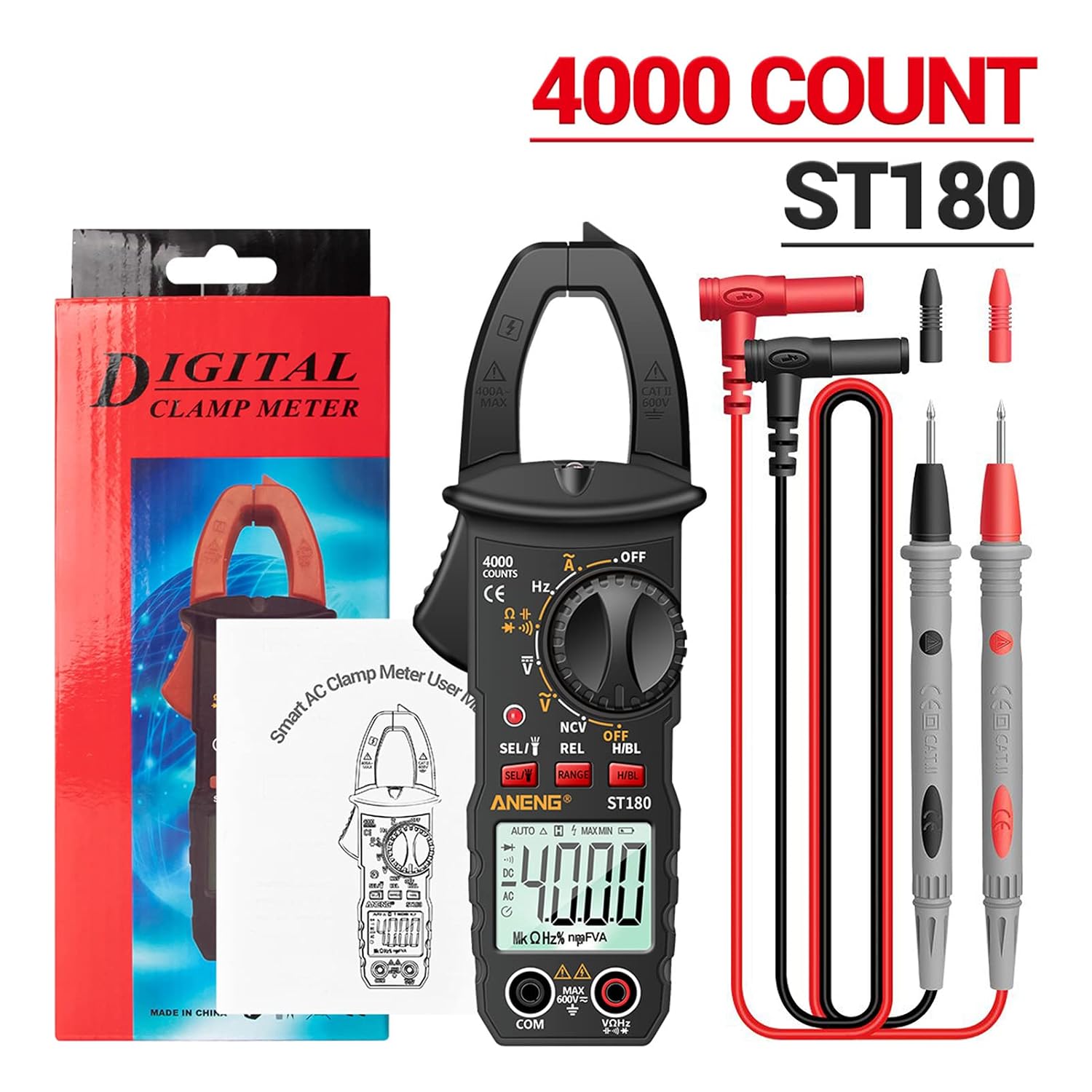 Contents of the ANENG ST180 package including multimeter, test leads, and manual