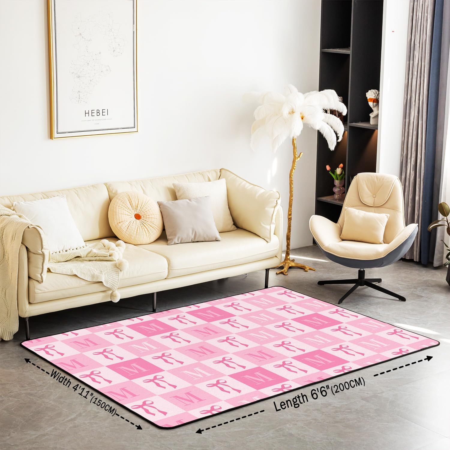 jejeloiu Cute Pink Bow Area Rug 5x7 Polyester Initial Letter M Living Room Rugs for Bedroom Kawaii Bowknot Plaid Decor Carpet Monogrammed Indoor Floor Mat Grid Soft Non-Slip
