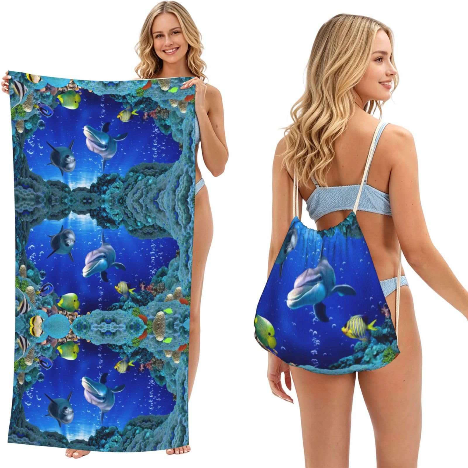 SATUSA Underwater World Fish Dolphi Print 2-In-1 Foldable Beach Towel Backpack â€“ Camping, Yoga And Travel,Bath Towel With Built-In Storage, Convertible Beach Mat & Carry Bag
