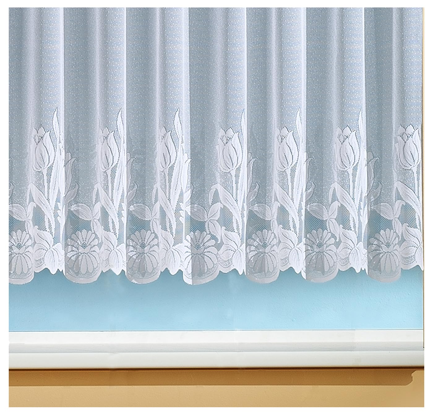 heimtexland ® Store Gardine Jacquard weiß transparent Kräuselband Vorhang mit Blumen Borte Gebogt Oekotex Typ69 Höhe 175cm x Breite 600cm