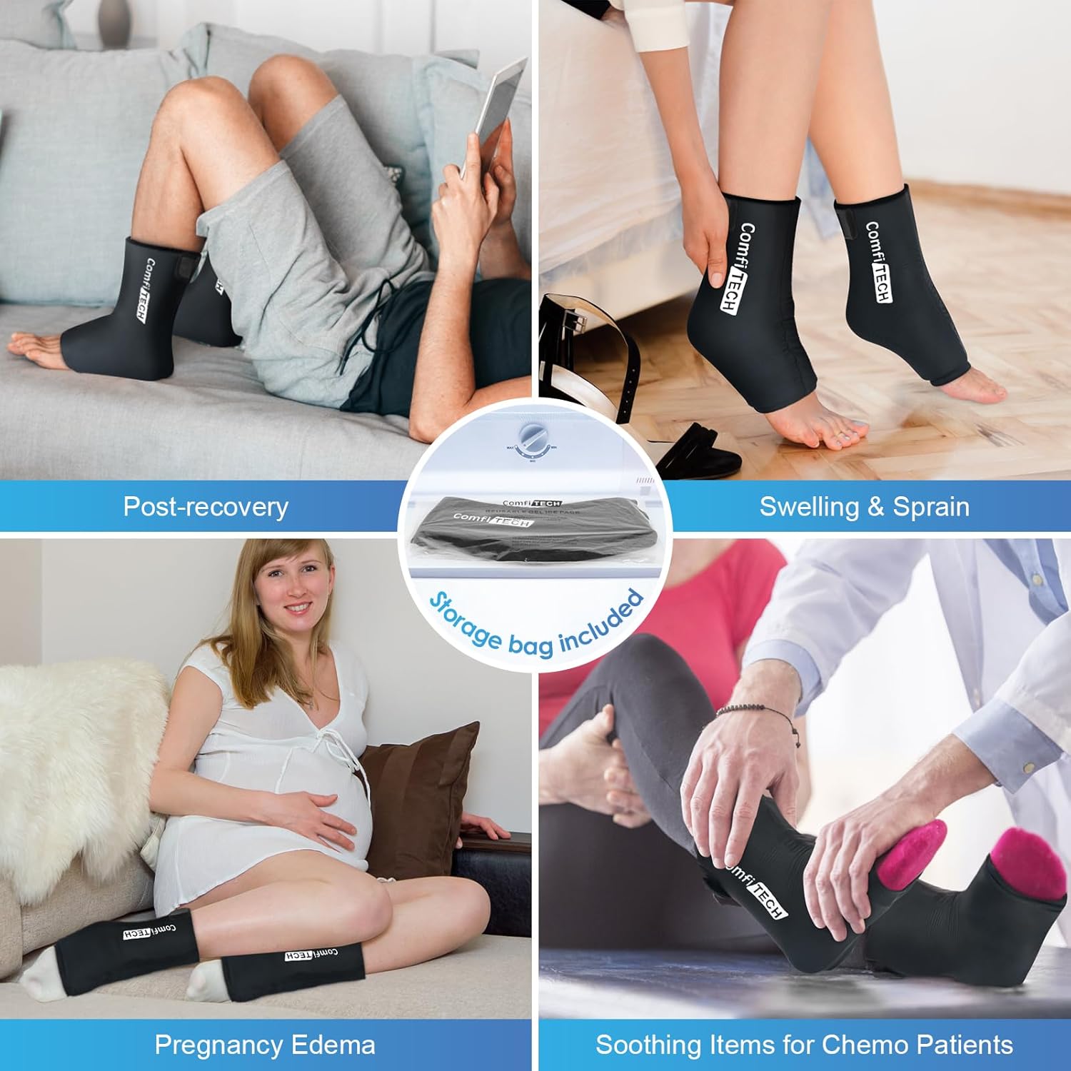 Comfitech Ankle Ice Pack Wrap Sleeve with Large Opening, Reusable Gel Cold Pad for Foot and Heel, X-Large, 2 Packs