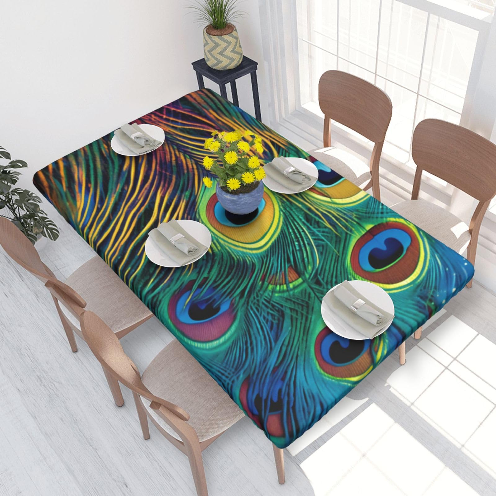 DCARSETCV Colored peacock Printed 4FT Waterproof Tablecloth with Elastic Edged Protect & Decor Your Table, Oil-proof Washable Table Cloth Cover for Dinner Picnic Party