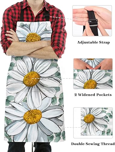 Miniatura 3 de Spring Floral Bib Aprons with Pockets Waterproof, Adjustable Apron for Men Women White Daisy Eucalyptus Leaves Checkered