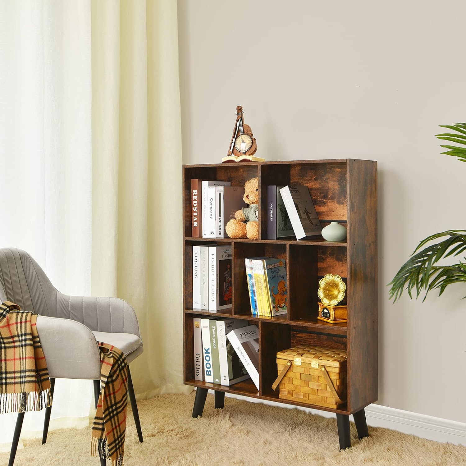 Cube Bookshelf 3 Tier Mid-Century Modern Bookcase with Legs,Retro Wood Bookshelves Storage Organizer Shelf,Free Standing Open Book Shelves,Rustic Brown Display Bookcases for Bedroom,Living Room,Office : Home & Kitchen