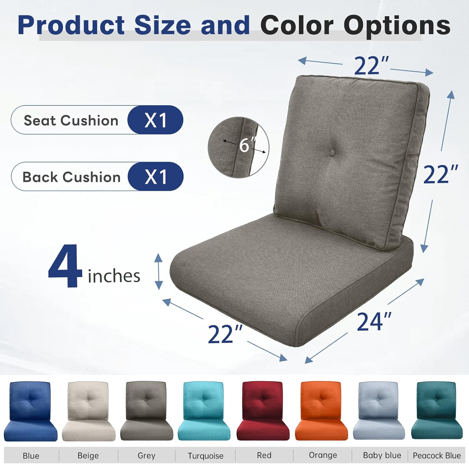 Belord Luxury 4" Thick Outdoor Cushion Set - 22 x24 Inch 28D Sponge Filling Fade-Resistant Chair Cushion, Spill Proof Removable Patio Furniture Replacement Cushions for Sofa Bench Swing - Grey