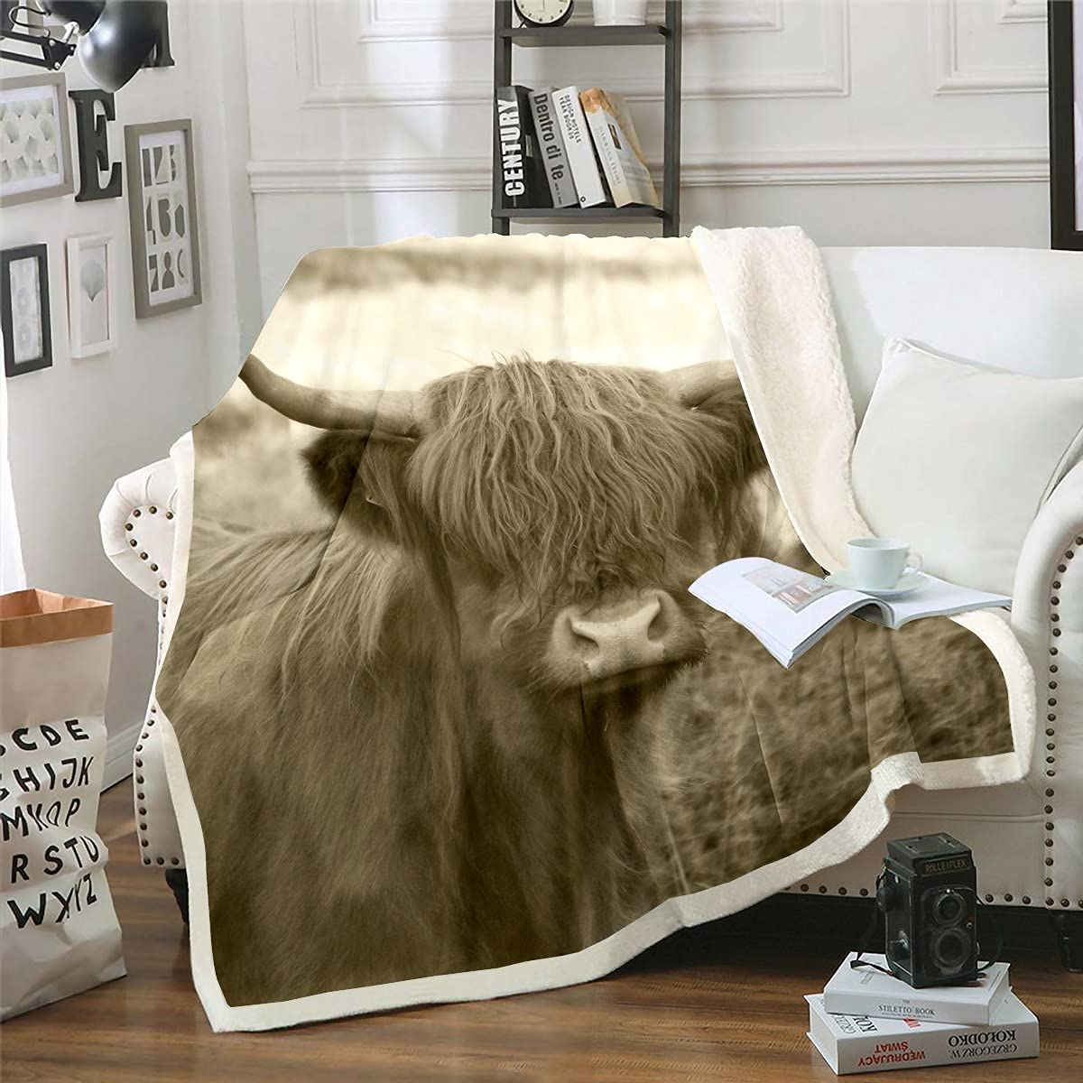 Highland Coperta In Pile Sherpa 3D Con Motivo Mucca, 80x100 Cm, Morbida E Leggera, Per Divano E Lettino, Colore Arancione Selvatico E Marrone