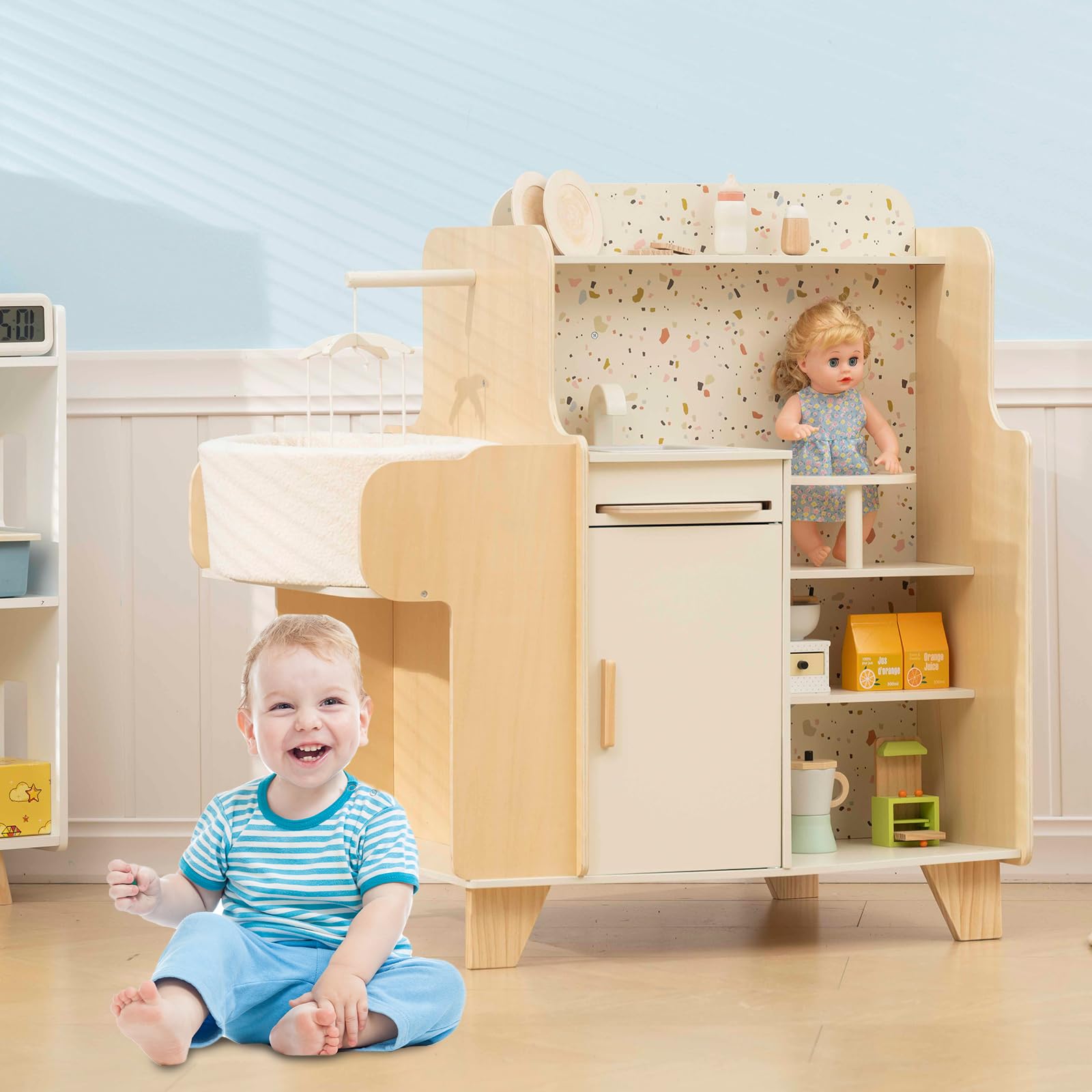 Holz-Spielzeugwiege, 4-in-1-Holzspielset zur Babypflege mit Wiege, Montessori-Rollenspielzeug für Kinder von 3 bis 9 Jahren, Geschenk für Jungen und Mädchen