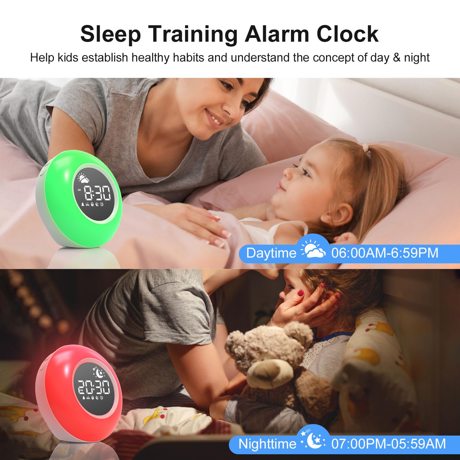 APUZOM Wecker mit Lauter Alarm für tiefschläfer Kinder Schlaftrainer mit Nachtlicht, Customized Lichtwecker mit 12 White Noise, Snooze und Timer 15/30/60/90 mins