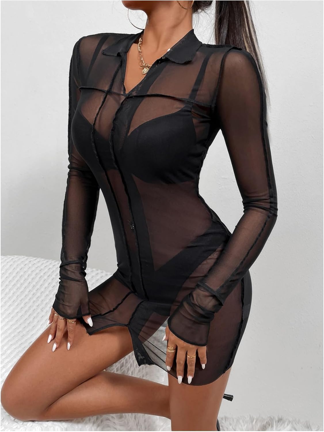 SHENHE Women's Sheer Mesh Dress Long Sleeve Bodycon See Through Sexy Date Night Mini Dress - Image 4