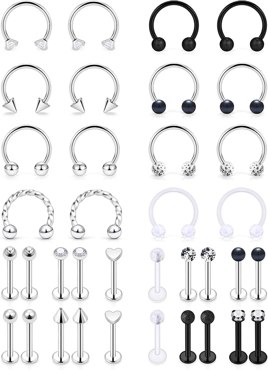 SCERRING 16g Lip Rings Stainless Steel Horseshoe Labret Monroe Lip Rings Nail Tragus Rook Helix Cartilage Earrings Studs Ring Medusa Piercing Jewelry 36PCS