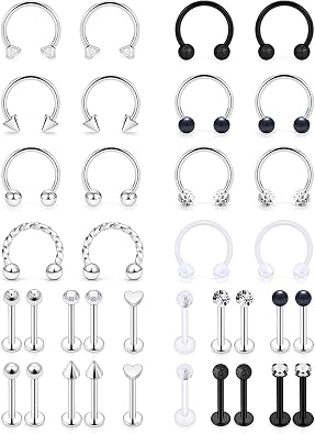 SCERRING 16g Lip Rings Stainless Steel Horseshoe Labret Monroe Lip Rings Nail Tragus Rook Helix Cartilage Earrings Studs Ring Medusa Piercing Jewelry 36PCS