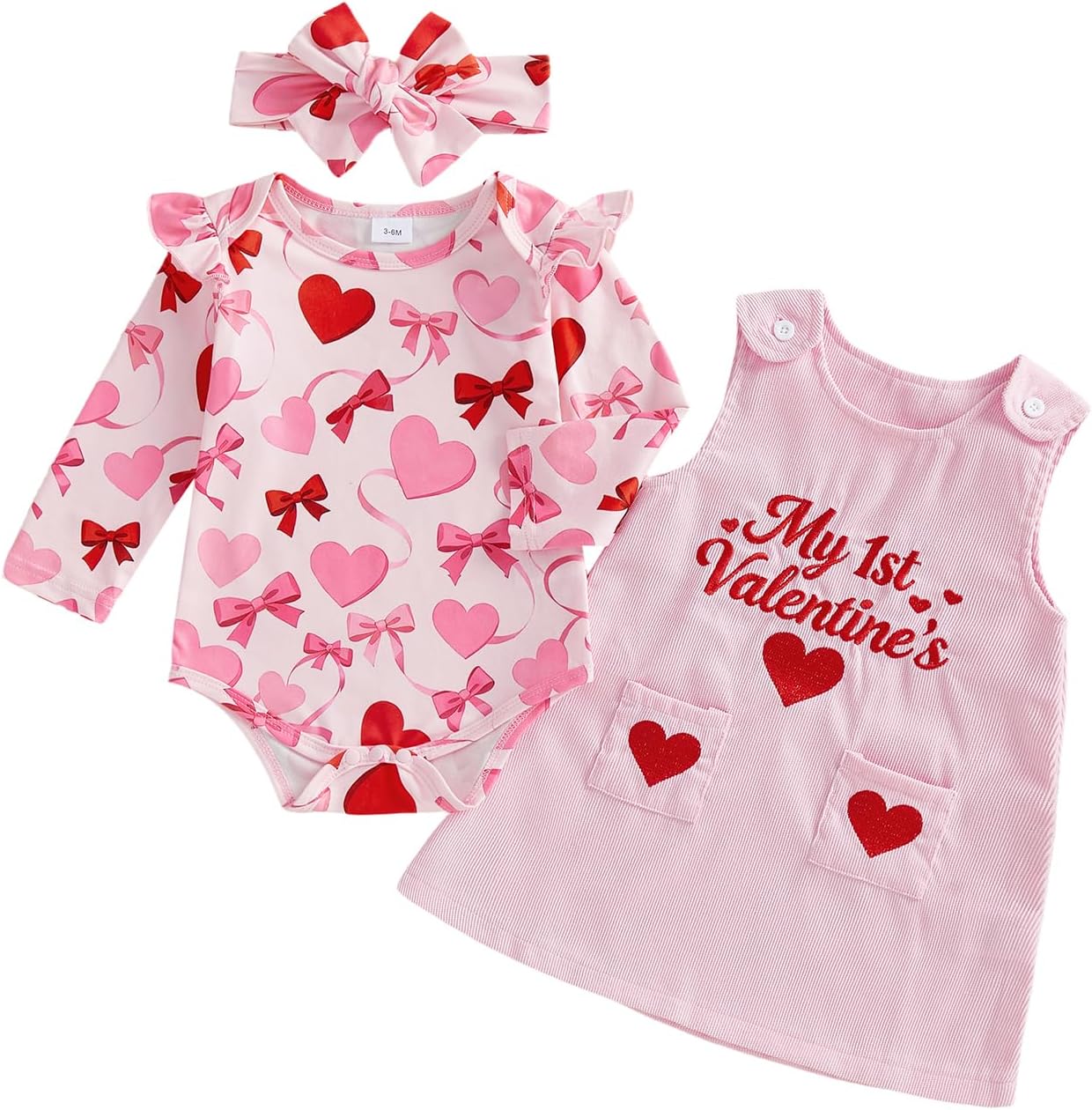 My First Valentines Day Baby Girl Outfit Long Sleeve Heart Onesie Overall Dress and Hearband Spring Clothes