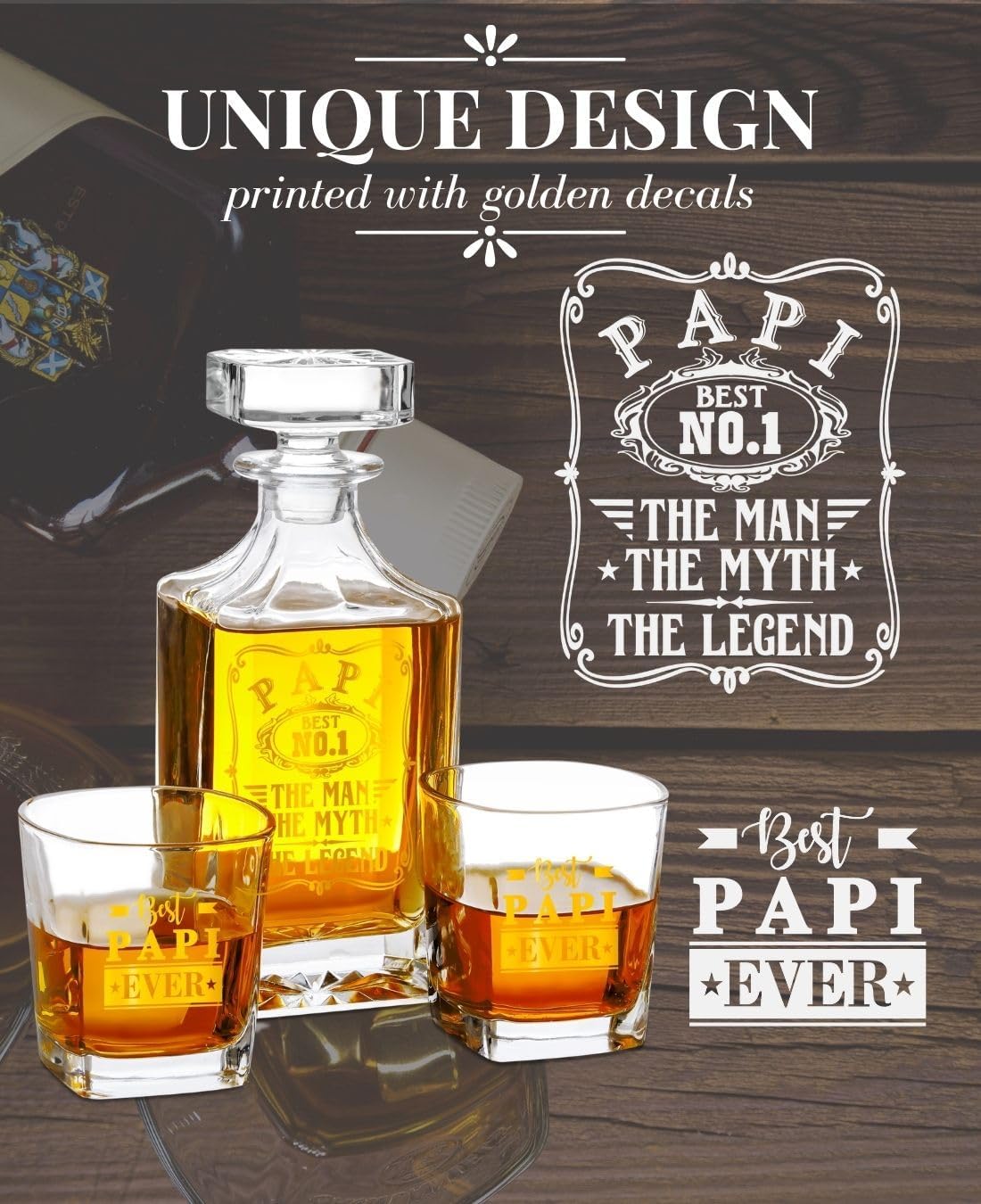 Onebttl Papi Gifts Whiskey Decanter Set, 25oz/750ml Decanter with Stopper and 2 Whiskey Glasses for Liquor, Burbon, Whiskey, Perfect for Papi for Christmas, Father's Day - Man Myth Legend