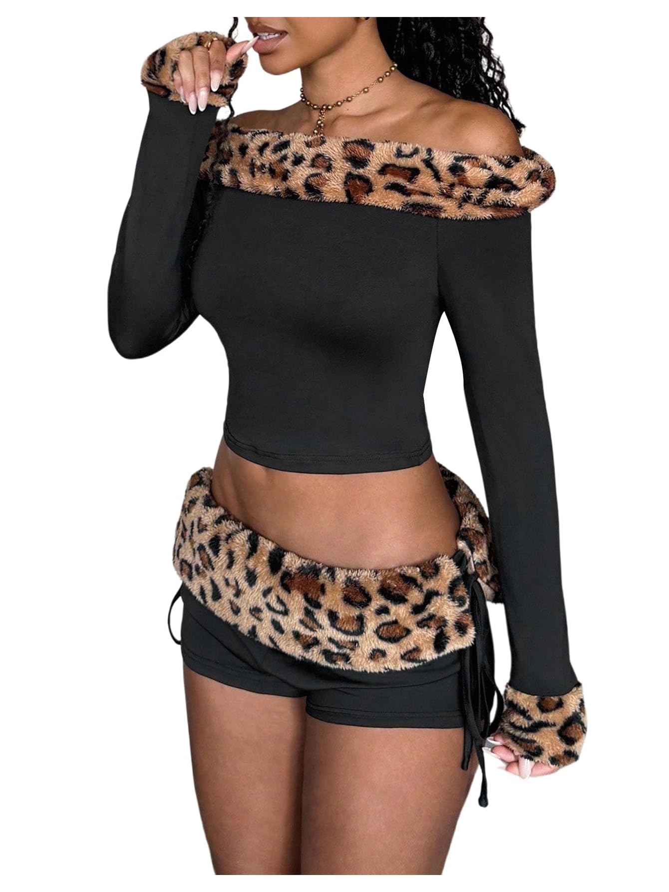 sweatyrocks Women's Y2k 2 Piece Outfit Leopard Off The Shoulder Long Sleeve Crop Top and Low Rise Shorts Rave Sets-picture-45