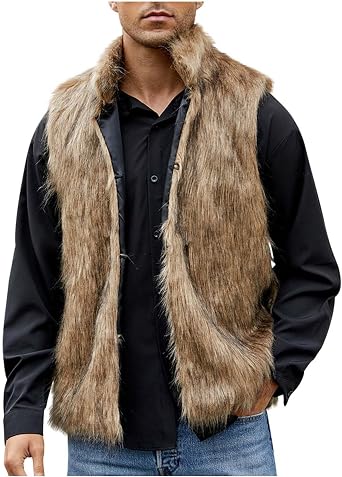 Faux Fur Vest Men Open Front Cardigan Fuzzy Fleece Jacket Stand Collar Jacket Thermal Vest Casual Winter Jacket