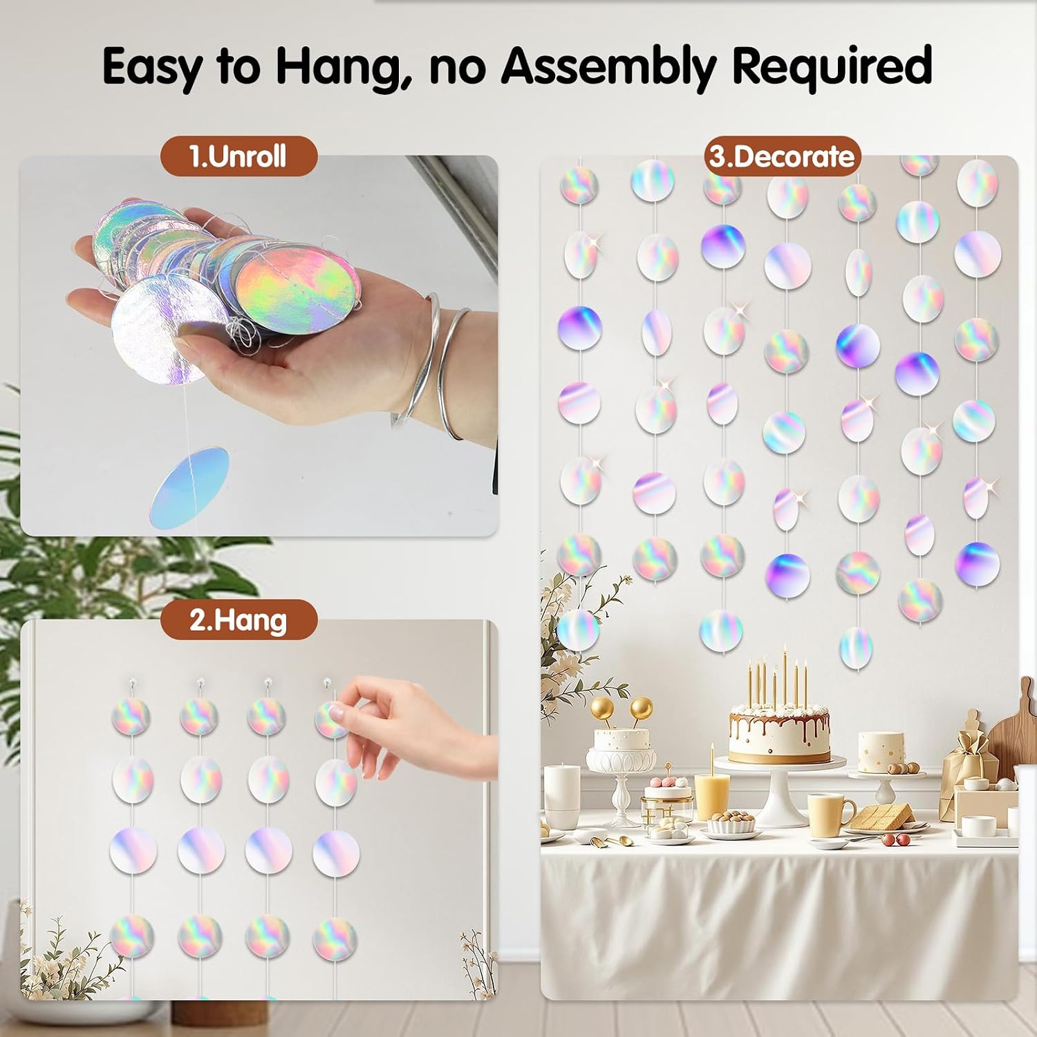 78Ft Iridescent Circle Decor Garland,6 Pack Holographic Paper Garland