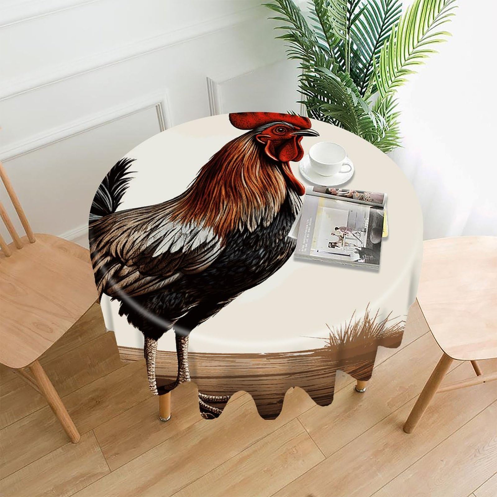 MUSM 60 Inch Rooster Round Tablecloth Wipeable Washable Table Cover for Kitchen and Dining Room Decorative Table Cloth for Party Holiday Picnic Outdoor